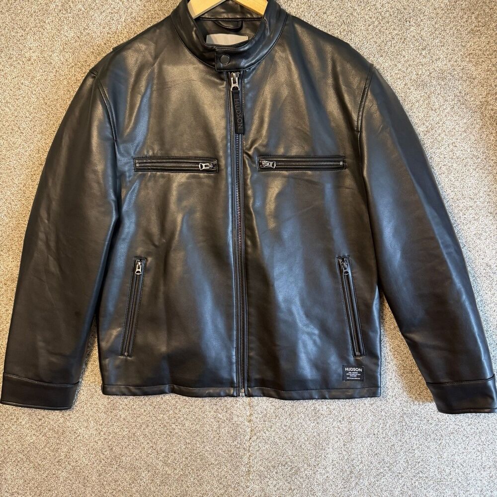Hudson Mens Faux Leather Racer Jacket Black Size S Small Motor Biker HM-307 $228